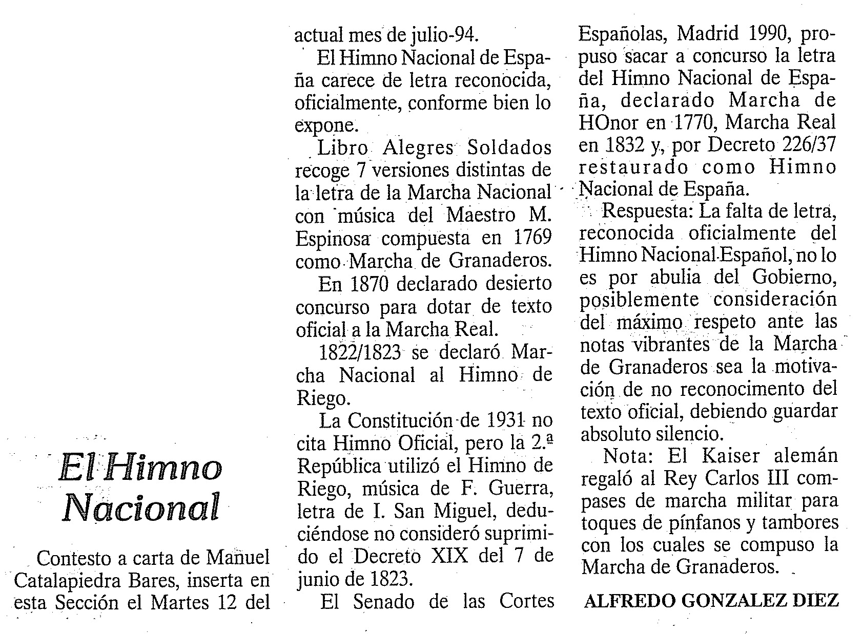Carta El Himno Nacional, en Diario de León